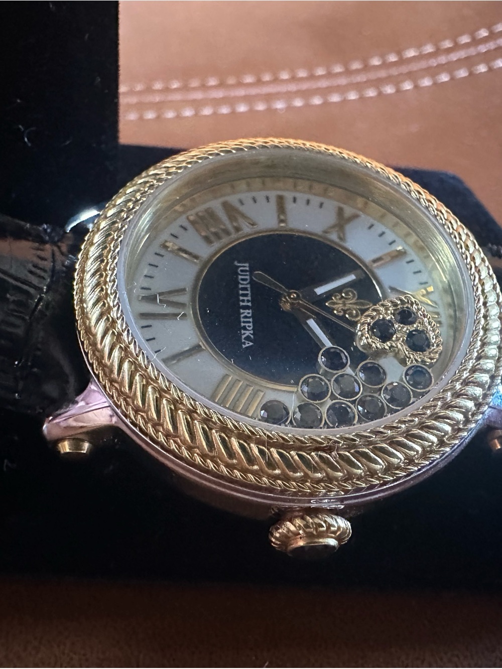 Judith Ripka Floating Crystal Heart Shaker Watch Gold Tone Leather Strap - Picture 7 of 16